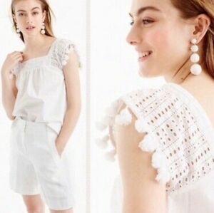 J. Crew White Square Neck Eyelet Lace Pom Pom Cotton Poplin Sleeveless Top